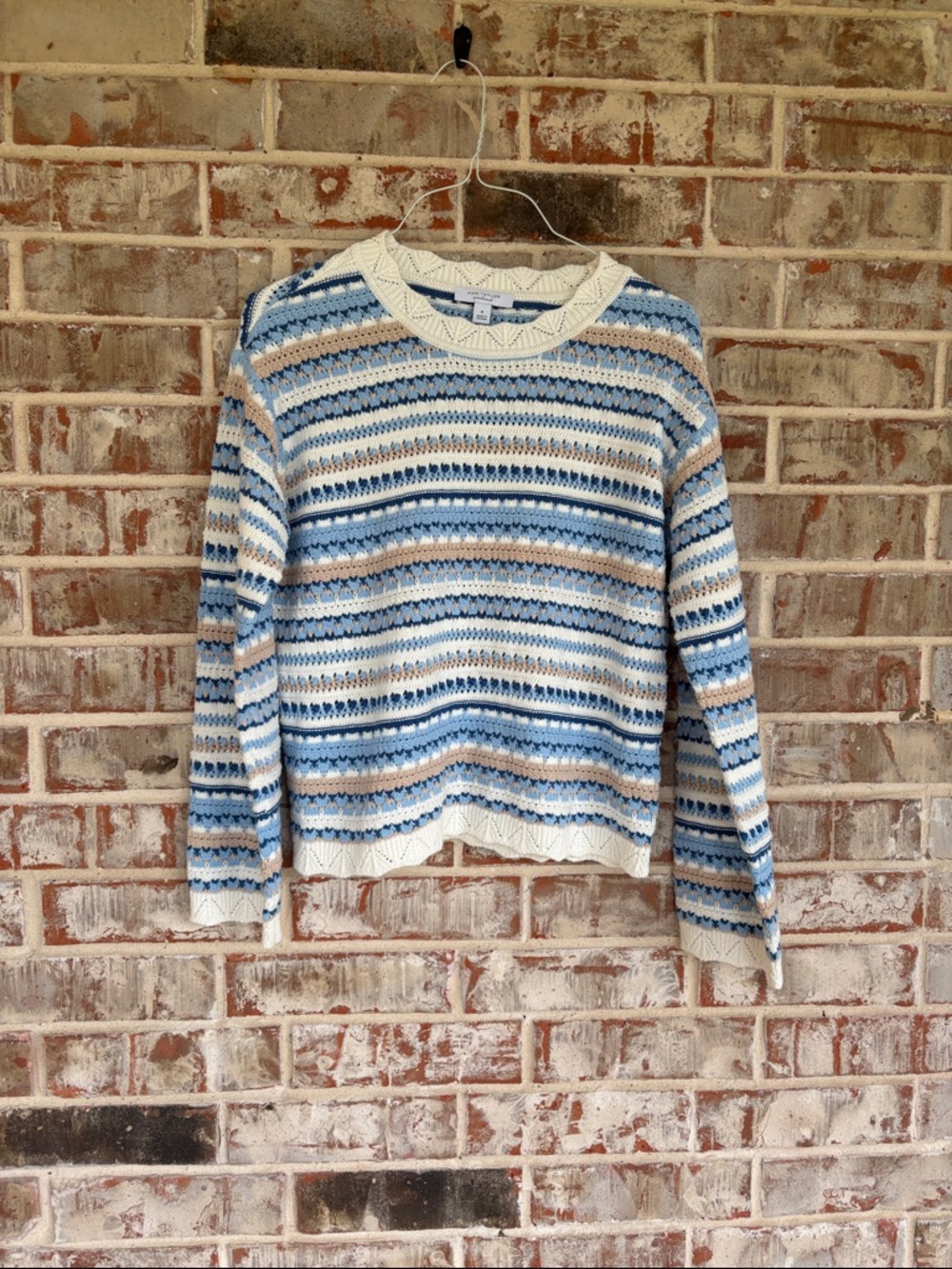 Ann Taylor Weekend Striped Blue, Cream & Tan Crewneck Sweater